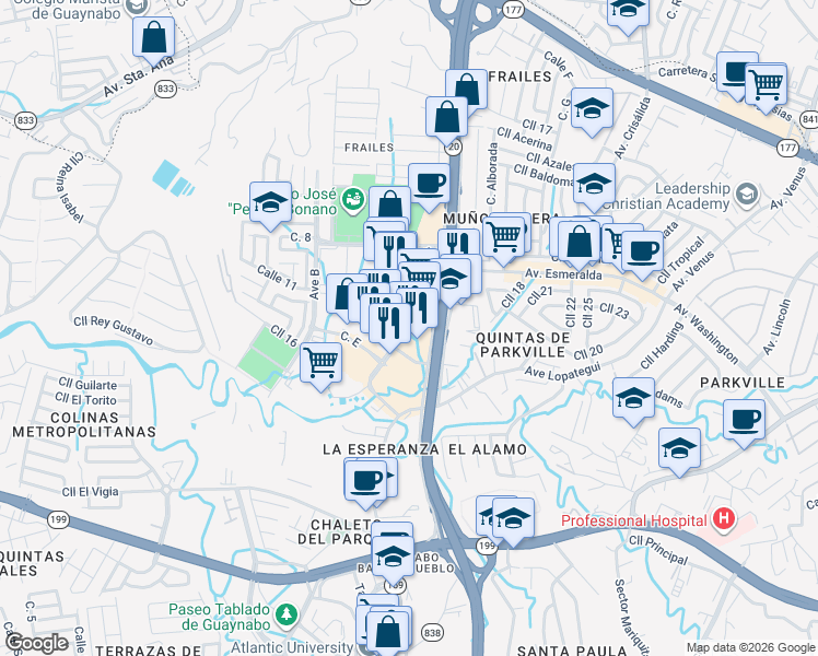 map of restaurants, bars, coffee shops, grocery stores, and more near Calle D in Guaynabo