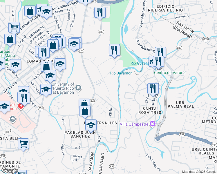 map of restaurants, bars, coffee shops, grocery stores, and more near 174 Calle D in Bayamón