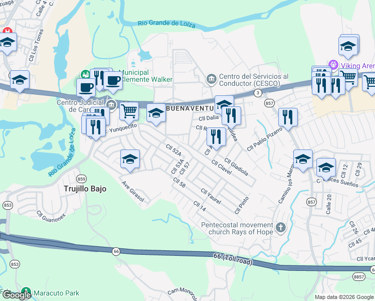 map of restaurants, bars, coffee shops, grocery stores, and more near Calle Yunquecito in Carolina