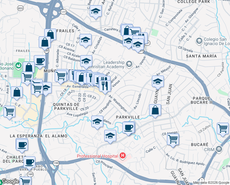 map of restaurants, bars, coffee shops, grocery stores, and more near Calle Harding in Guaynabo
