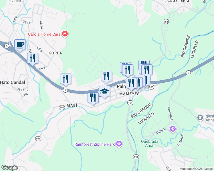map of restaurants, bars, coffee shops, grocery stores, and more near Calle 9 in Río Grande