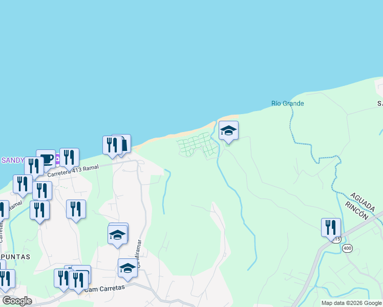 map of restaurants, bars, coffee shops, grocery stores, and more near Calle Las Palmas in Aguada