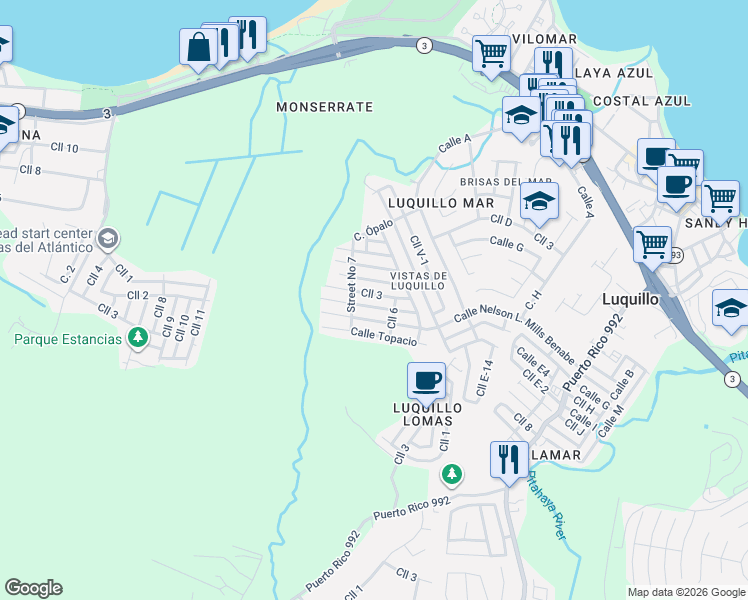 map of restaurants, bars, coffee shops, grocery stores, and more near Calle 3 in Luquillo