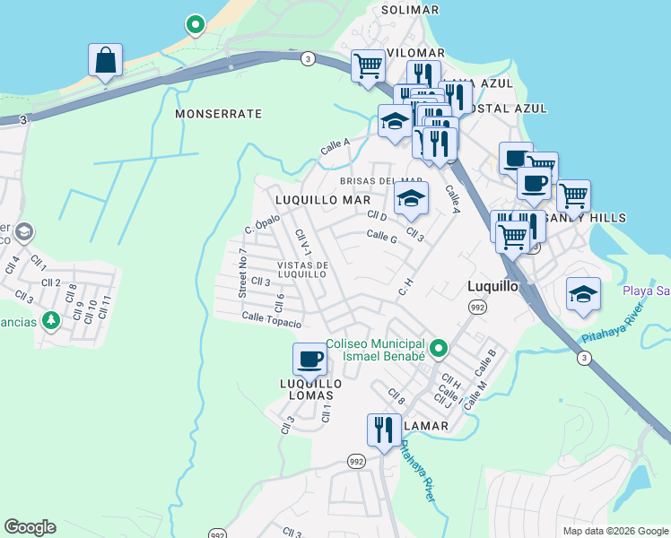 map of restaurants, bars, coffee shops, grocery stores, and more near Calle 3 in Luquillo