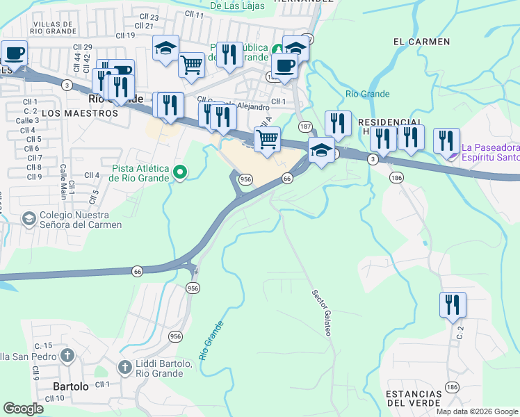 map of restaurants, bars, coffee shops, grocery stores, and more near Puerto Rico 956 in Rio Grande