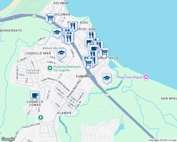 map of restaurants, bars, coffee shops, grocery stores, and more near in Luquillo