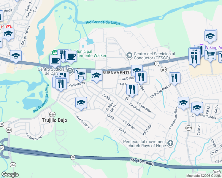 map of restaurants, bars, coffee shops, grocery stores, and more near Calle Yunquecito in Carolina