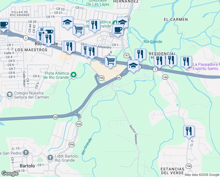 map of restaurants, bars, coffee shops, grocery stores, and more near Puerto Rico 956 in Rio Grande