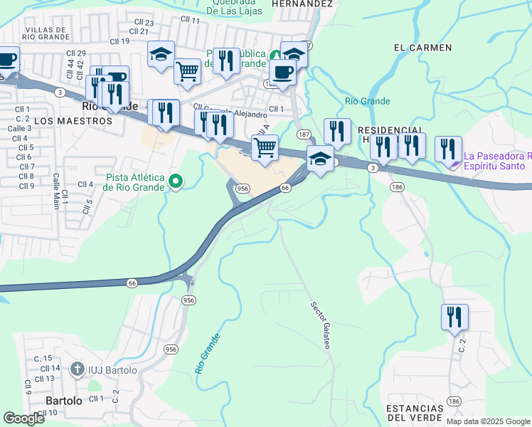 map of restaurants, bars, coffee shops, grocery stores, and more near Puerto Rico 956 in Rio Grande