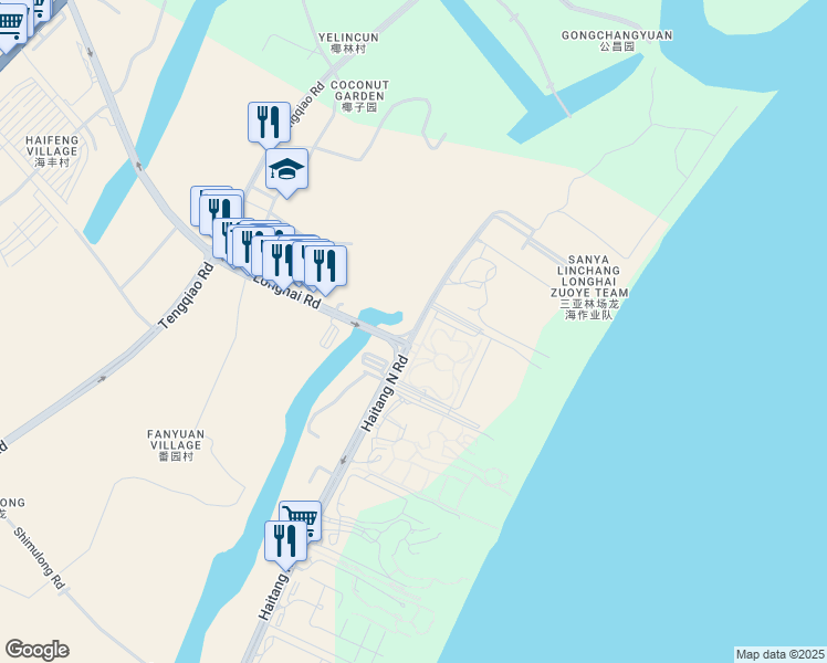 map of restaurants, bars, coffee shops, grocery stores, and more near Haitang Road in Sanya