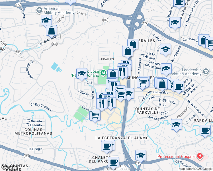 map of restaurants, bars, coffee shops, grocery stores, and more near Calle Bolivia in Guaynabo