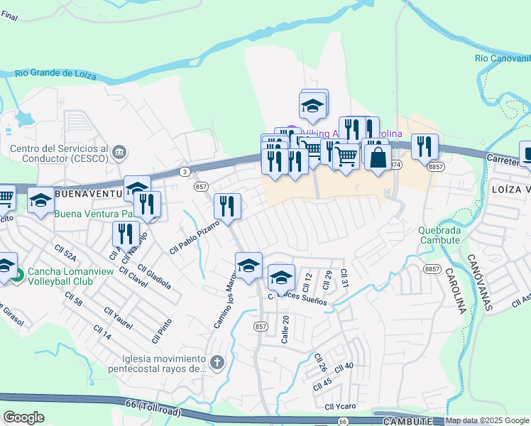 map of restaurants, bars, coffee shops, grocery stores, and more near Calle Gardenia in Carolina
