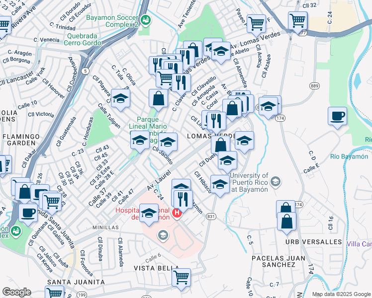 map of restaurants, bars, coffee shops, grocery stores, and more near Calle Drive Pérez Ortiz in Bayamón