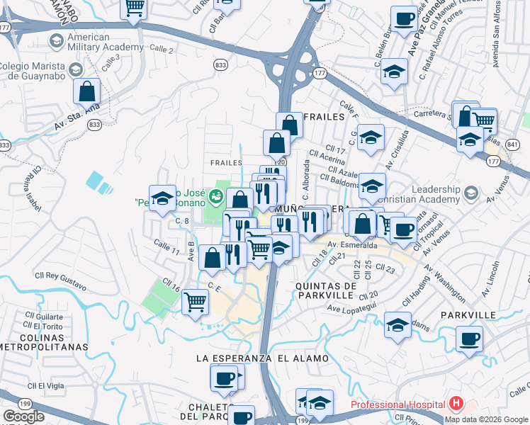 map of restaurants, bars, coffee shops, grocery stores, and more near 130 Calle Marginal in Guaynabo