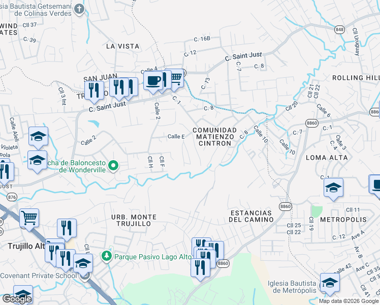 map of restaurants, bars, coffee shops, grocery stores, and more near Calle F Ramal 1 in Trujillo Alto