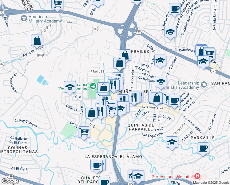 map of restaurants, bars, coffee shops, grocery stores, and more near 130 Calle Marginal in Guaynabo