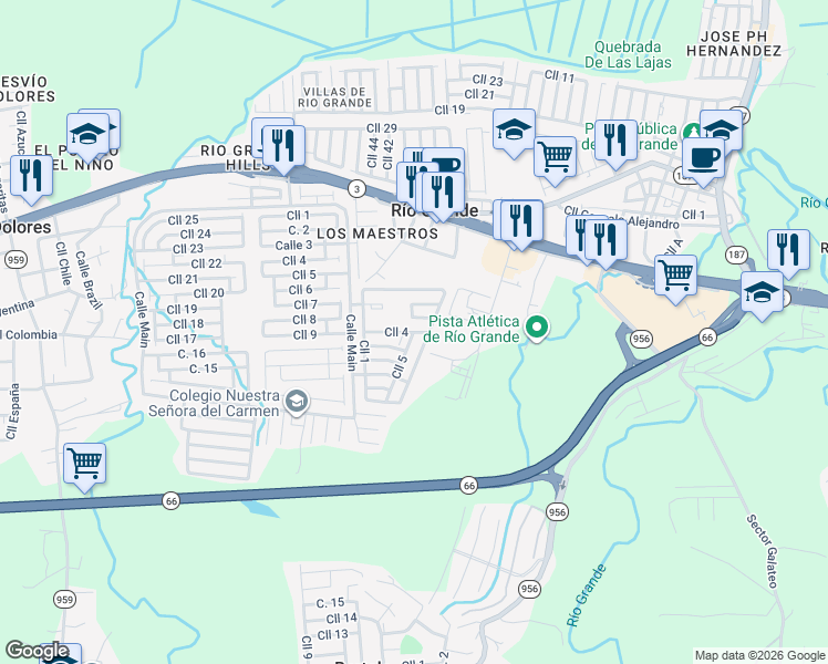 map of restaurants, bars, coffee shops, grocery stores, and more near Calle 5 in Río Grande