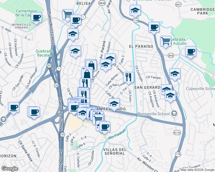 map of restaurants, bars, coffee shops, grocery stores, and more near 1673 Calle Rimac in San Juan