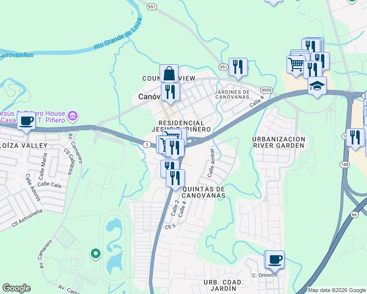map of restaurants, bars, coffee shops, grocery stores, and more near in Canóvanas