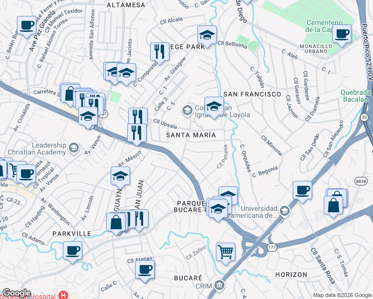 map of restaurants, bars, coffee shops, grocery stores, and more near 1930 Calle Pasionaria in San Juan