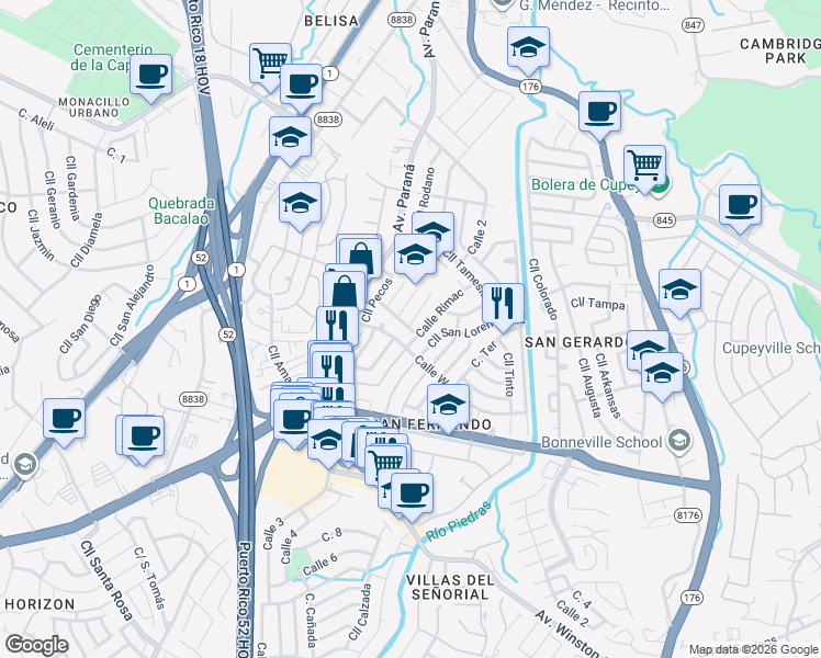 map of restaurants, bars, coffee shops, grocery stores, and more near 1657-1673 Calle Rimac in San Juan