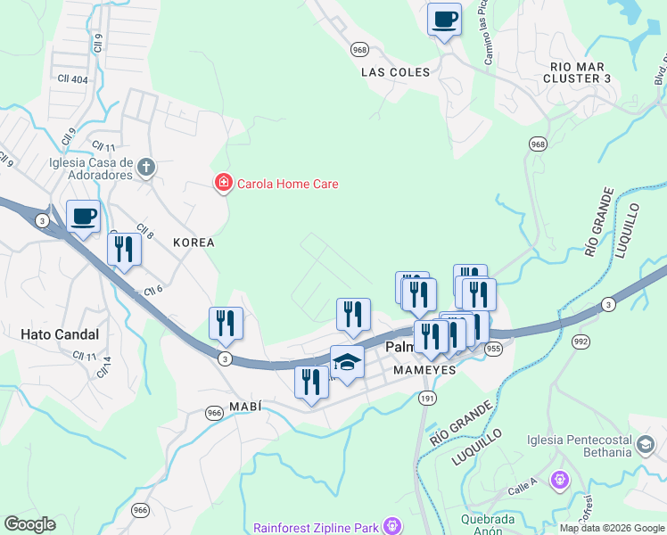 map of restaurants, bars, coffee shops, grocery stores, and more near Calle Triunfo in Rio Grande