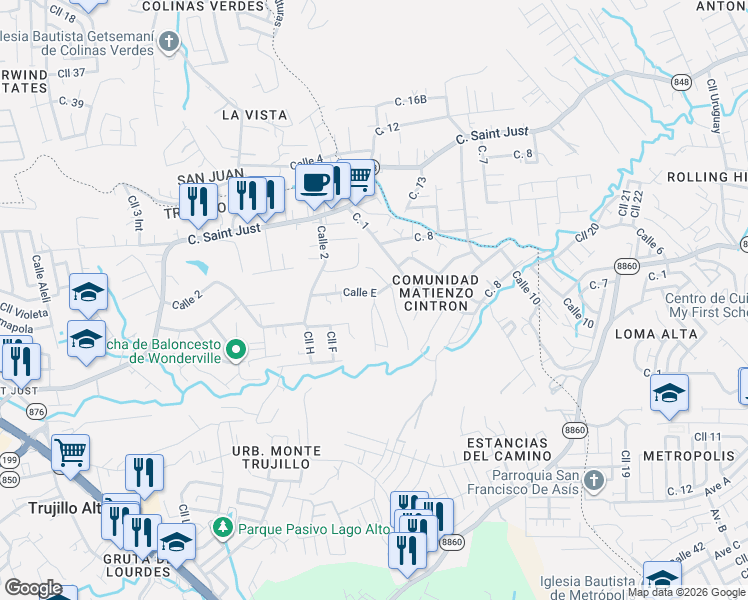 map of restaurants, bars, coffee shops, grocery stores, and more near in Trujillo Alto