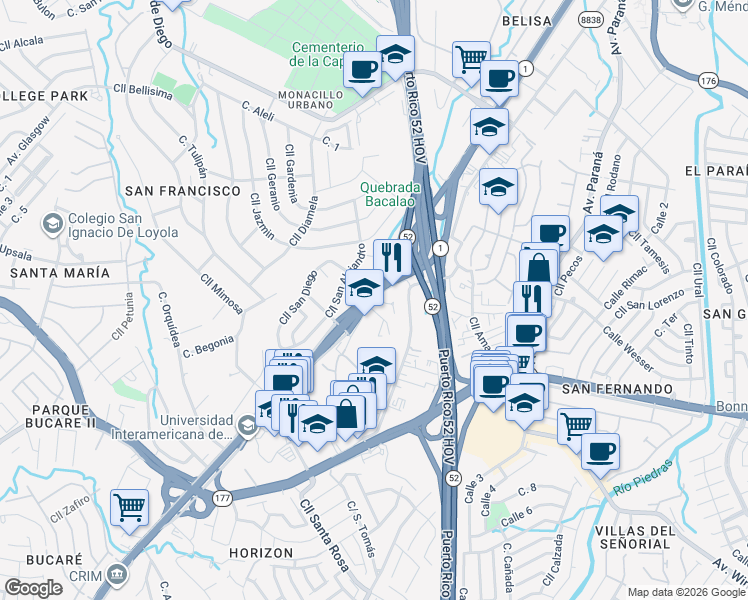 map of restaurants, bars, coffee shops, grocery stores, and more near Professional Offices Park Road in San Juan