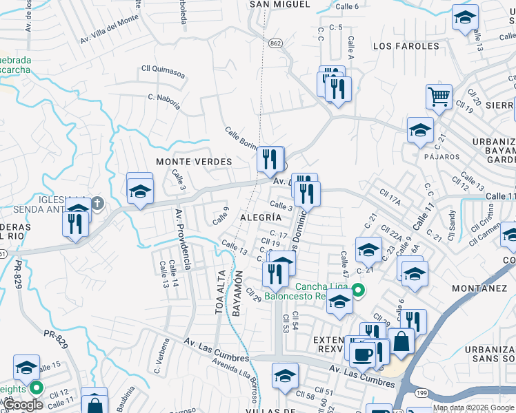 map of restaurants, bars, coffee shops, grocery stores, and more near Calle 5 in Bayamón