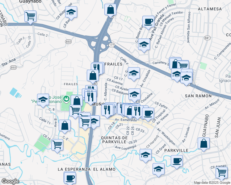 map of restaurants, bars, coffee shops, grocery stores, and more near 16 Calle Baldomar in Guaynabo