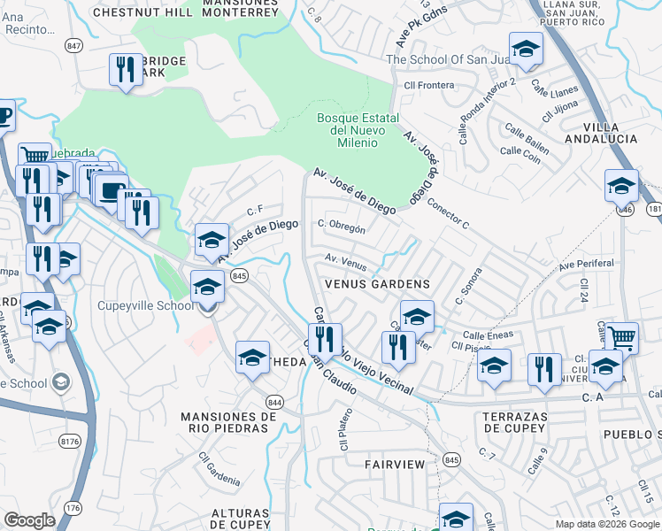map of restaurants, bars, coffee shops, grocery stores, and more near Ave Venus in San Juan