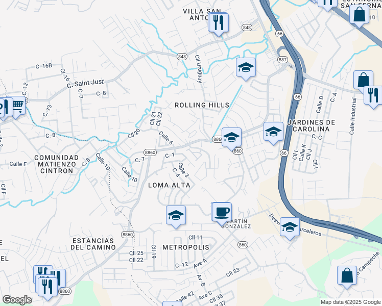 map of restaurants, bars, coffee shops, grocery stores, and more near Puerto Rico 8860 in Carolina