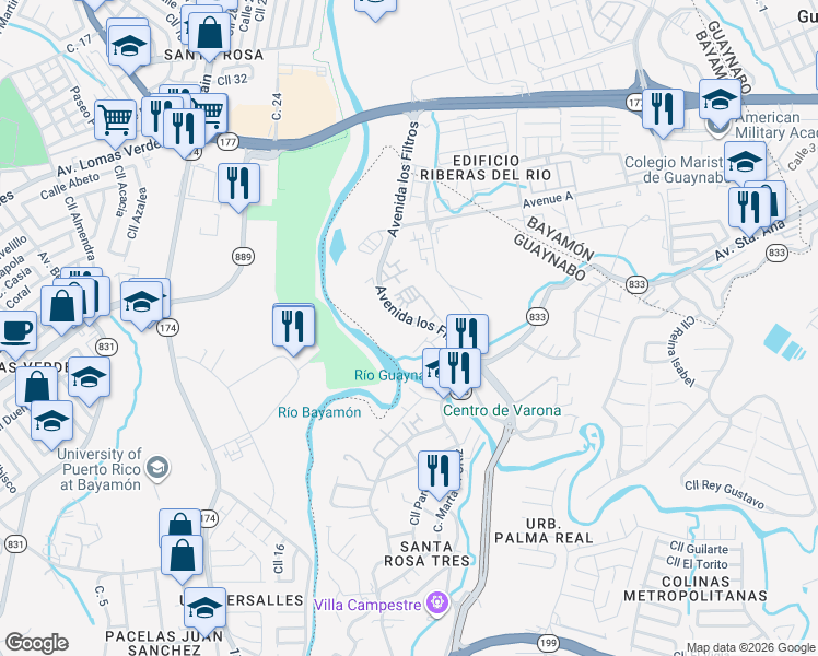 map of restaurants, bars, coffee shops, grocery stores, and more near Calle Juan Martínez in Bayamón