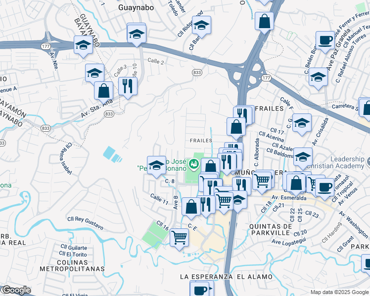 map of restaurants, bars, coffee shops, grocery stores, and more near Calle Bolivia in Guaynabo