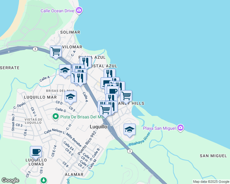 map of restaurants, bars, coffee shops, grocery stores, and more near in Luquillo