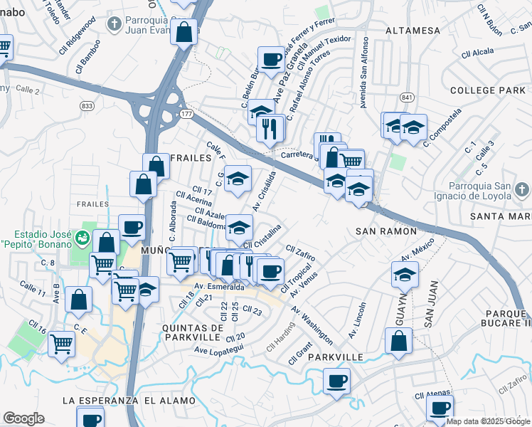 map of restaurants, bars, coffee shops, grocery stores, and more near Calle Campo Bello in Guaynabo