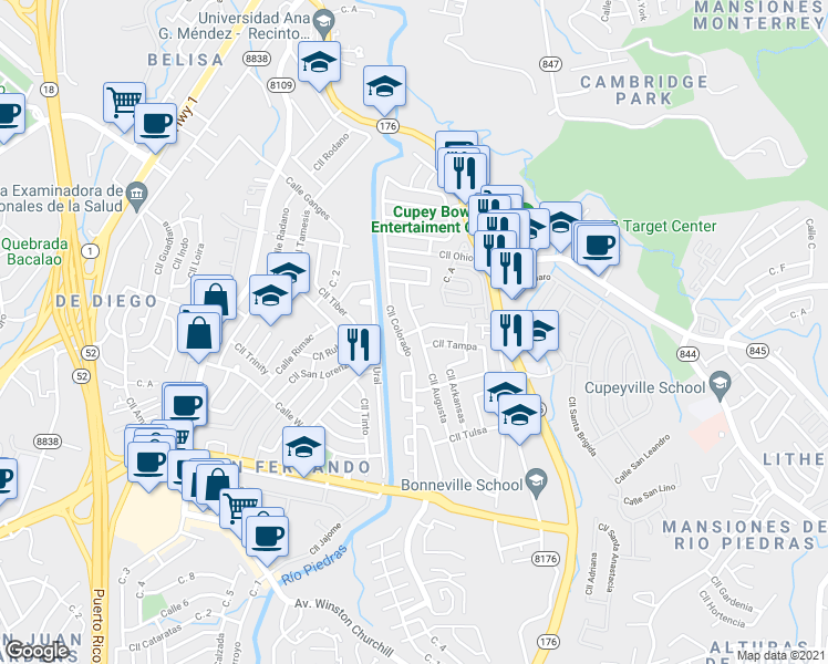 map of restaurants, bars, coffee shops, grocery stores, and more near 300 Calle Pasadena in San Juan