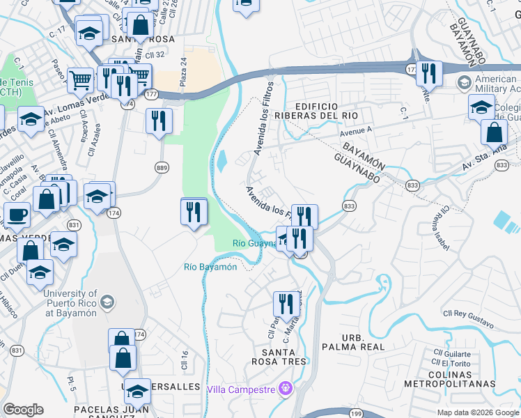 map of restaurants, bars, coffee shops, grocery stores, and more near Calle Juan Martínez in Bayamón