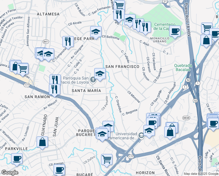 map of restaurants, bars, coffee shops, grocery stores, and more near 1800 Calle Petunia in San Juan