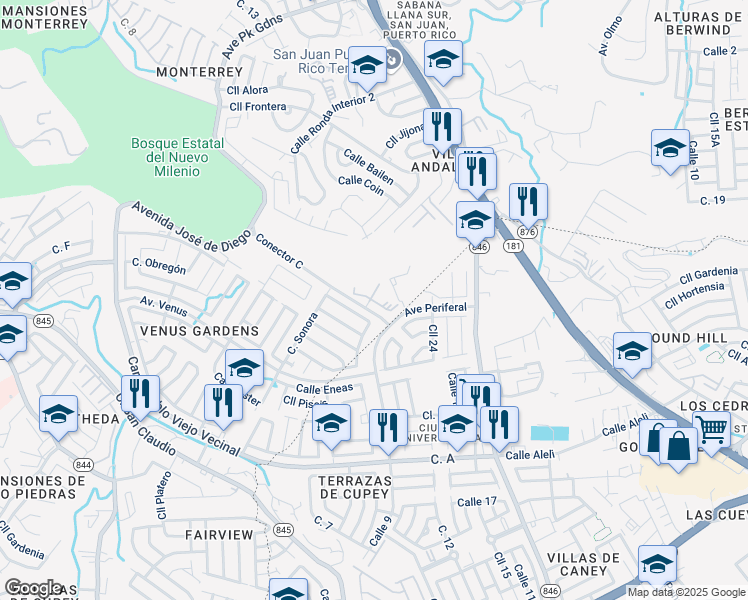 map of restaurants, bars, coffee shops, grocery stores, and more near Avenue Periferal in Trujillo Alto