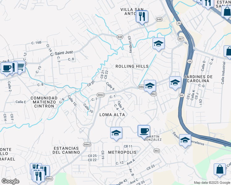 map of restaurants, bars, coffee shops, grocery stores, and more near Puerto Rico 8860 in Carolina