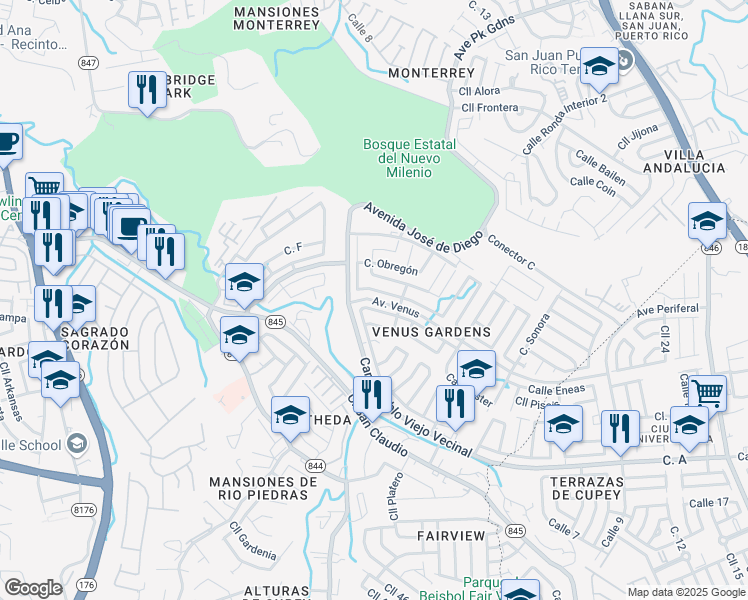 map of restaurants, bars, coffee shops, grocery stores, and more near Ave Venus in San Juan