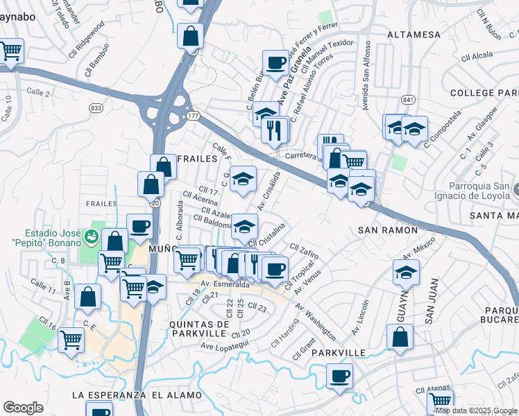 map of restaurants, bars, coffee shops, grocery stores, and more near Calle Campo Bello in Guaynabo