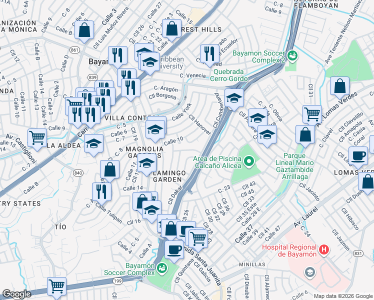 map of restaurants, bars, coffee shops, grocery stores, and more near Calle Victoria in Bayamón