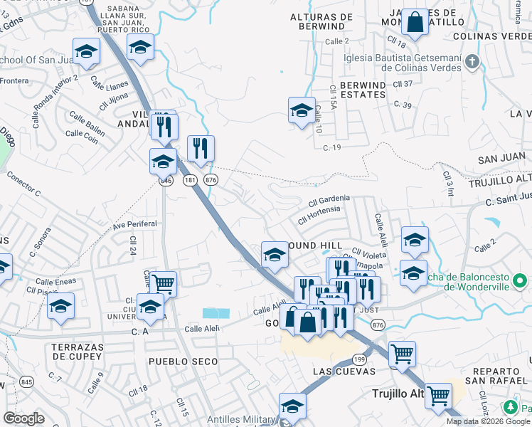 map of restaurants, bars, coffee shops, grocery stores, and more near Calle 4 in Trujillo Alto