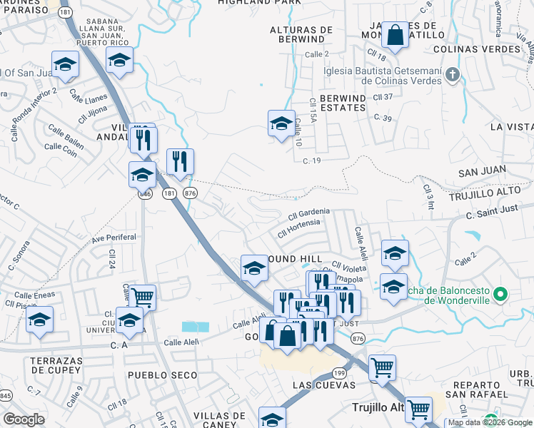 map of restaurants, bars, coffee shops, grocery stores, and more near Calle 4 in Trujillo Alto