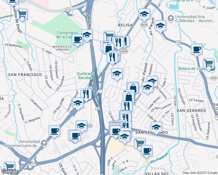 map of restaurants, bars, coffee shops, grocery stores, and more near 1643-1649 Calle Georgina Volga in San Juan