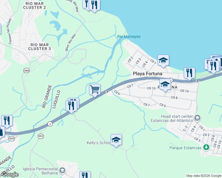 map of restaurants, bars, coffee shops, grocery stores, and more near Puerto Rico 3 in Playa Fortuna