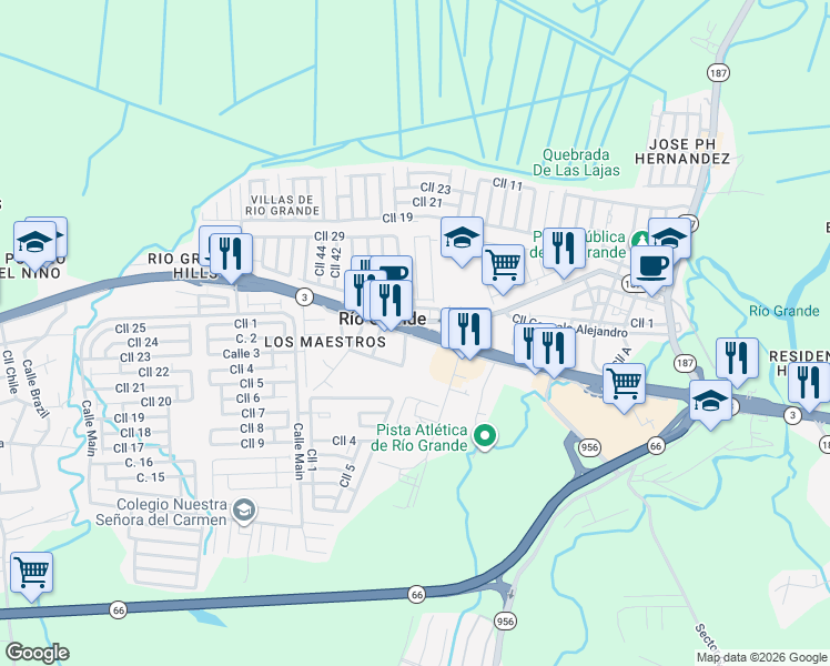 map of restaurants, bars, coffee shops, grocery stores, and more near State Route 3 in Río Grande