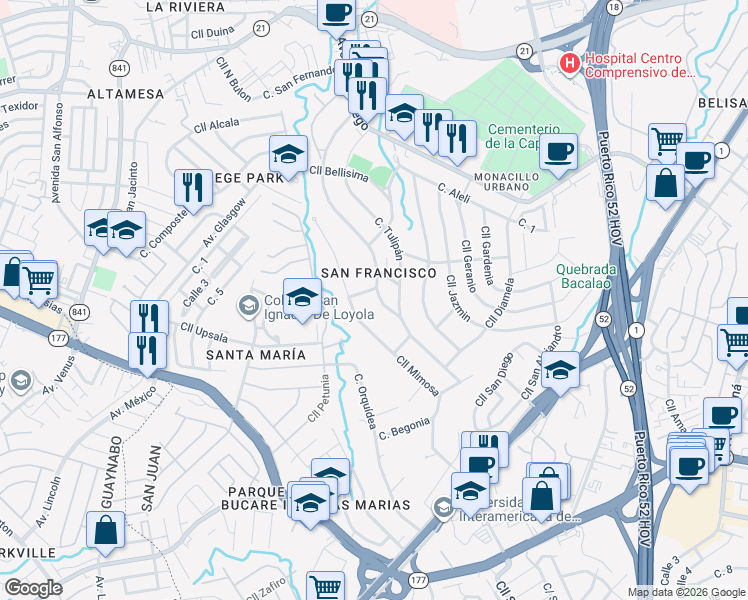 map of restaurants, bars, coffee shops, grocery stores, and more near 158 Calle Violeta in San Juan